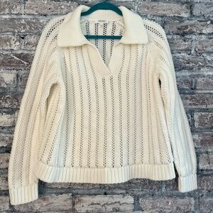 HAVEN Well Within Women's Organic Cotton Cream V-Notched neck open weave Sweater